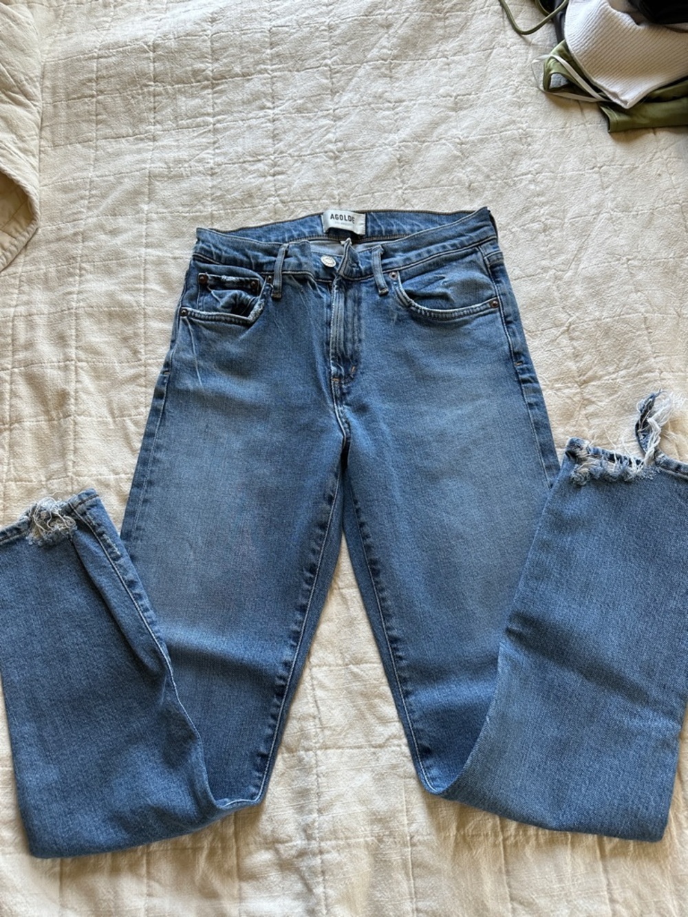 Agolde Straight-Leg Mid Blue Jeans with Frayed Hems